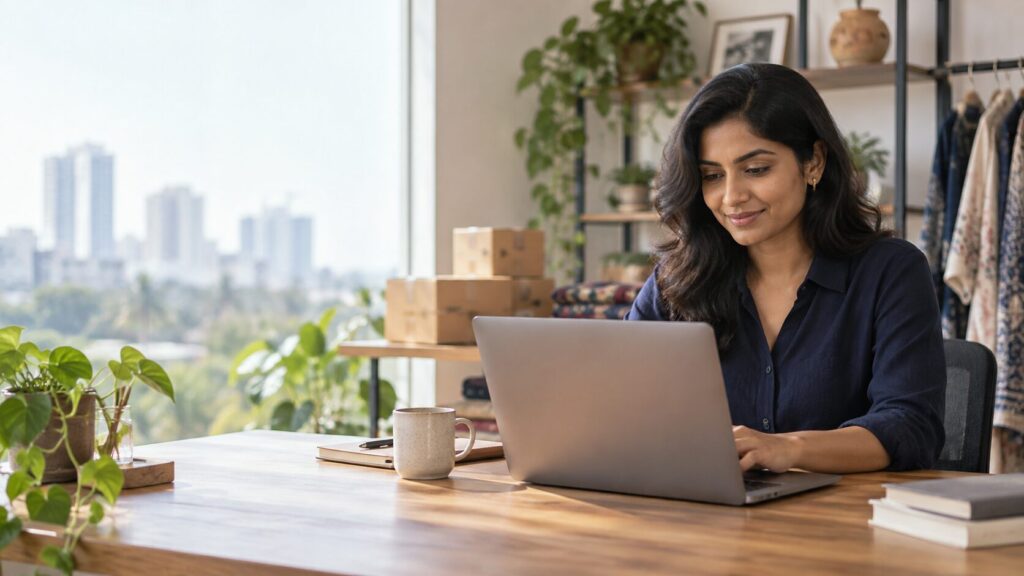 Indian business owner working on a laptop in a small office