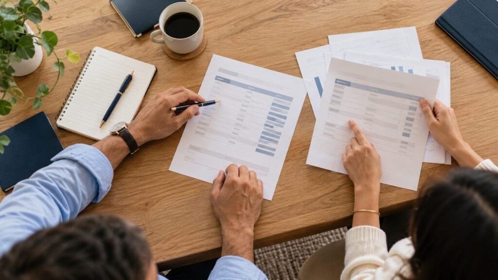 Two colleagues reviewing payment documents together at a shared table